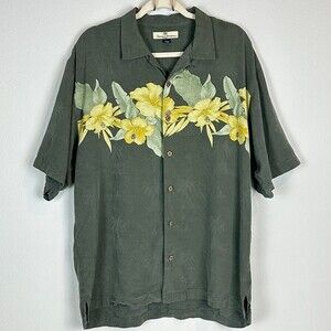 Tommy Bahama Silk Khaki Yellow Hibiscus Hawaiian Shirt L